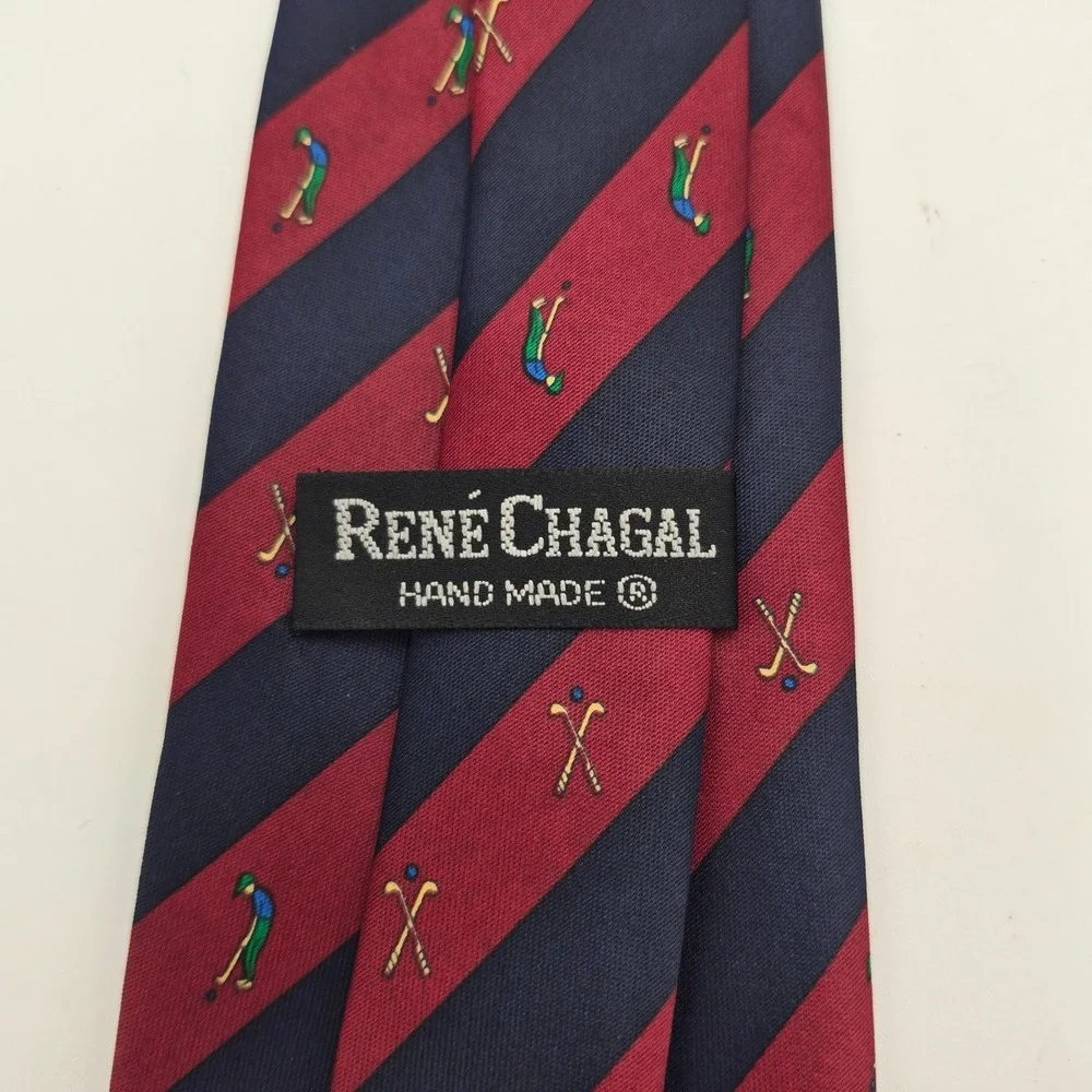 Rene Chagal Mens Silk Tie Navy Blue Burgundy Striped Golf Theme Handmade